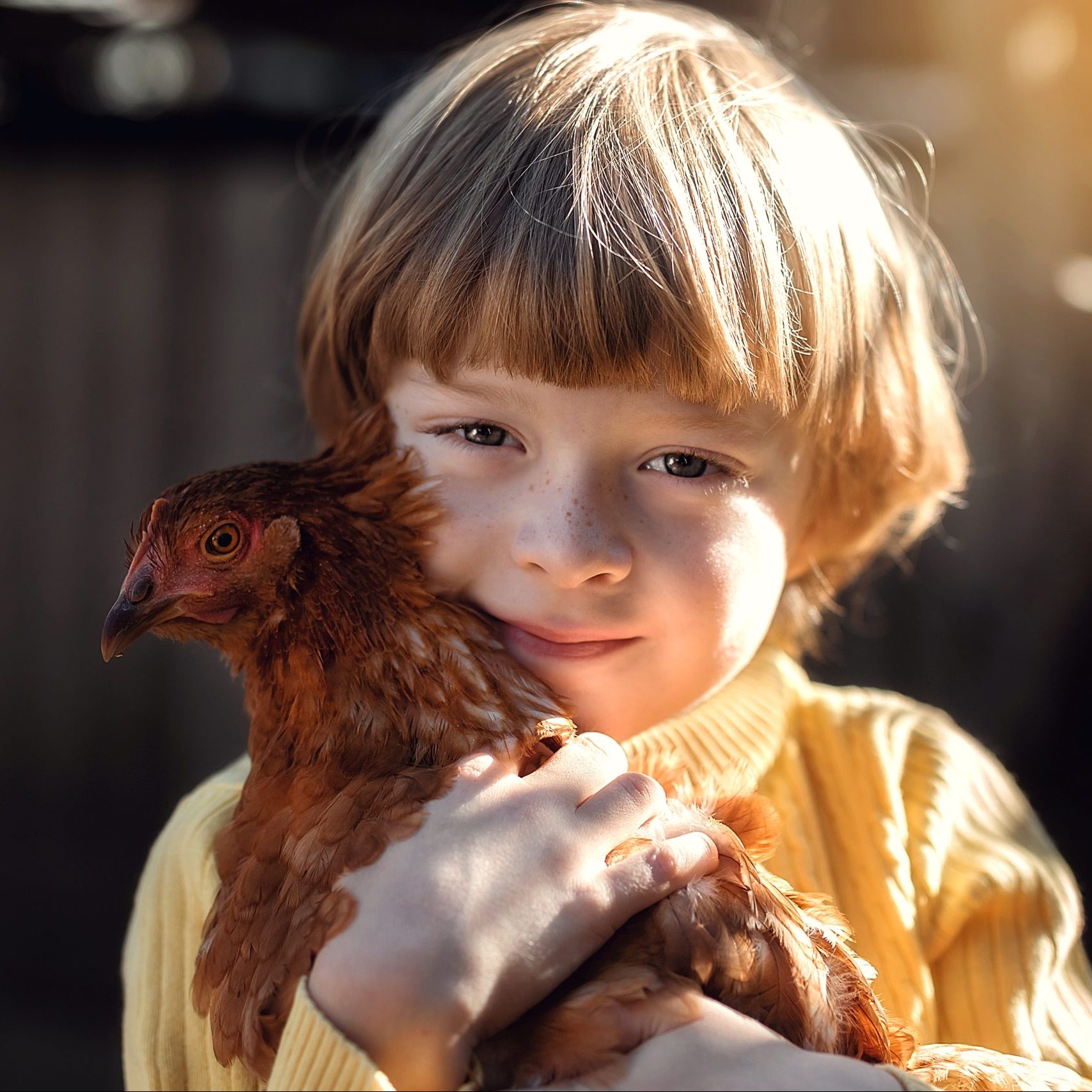 a healthy and happy boy and chicken because they are backyard chicken farmers