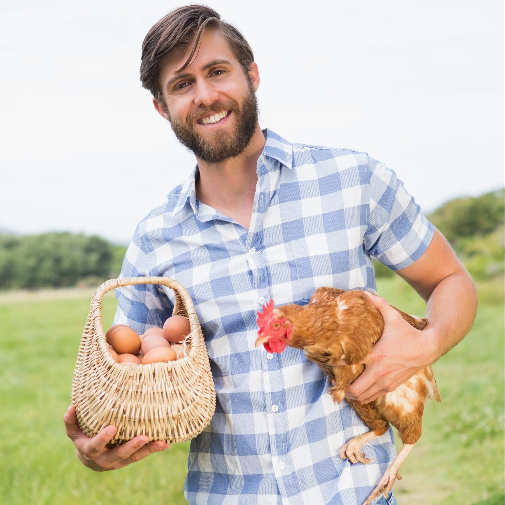 man holding a healthy chicken and nutritious eggs in a vibrant lawn